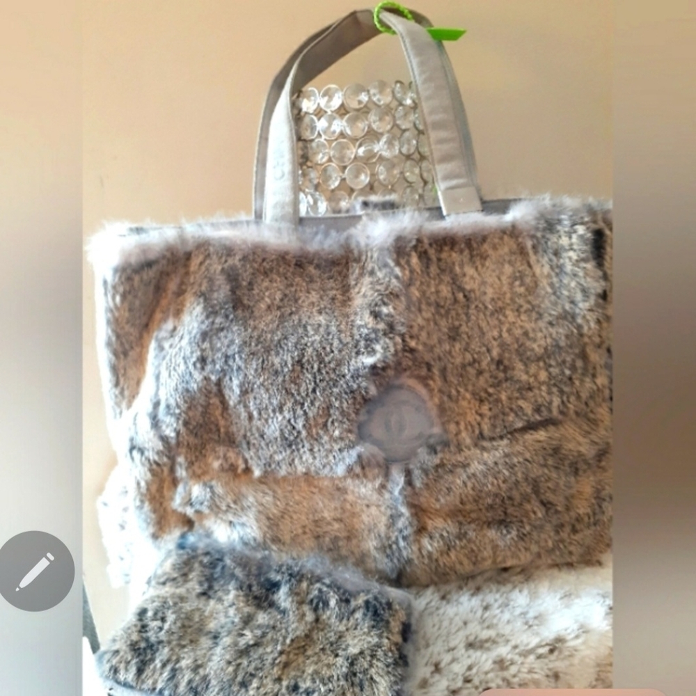 Chanel Rabbit Fur  Tote Bag  And Coin  Purse- Brown Tan Cream and Gray